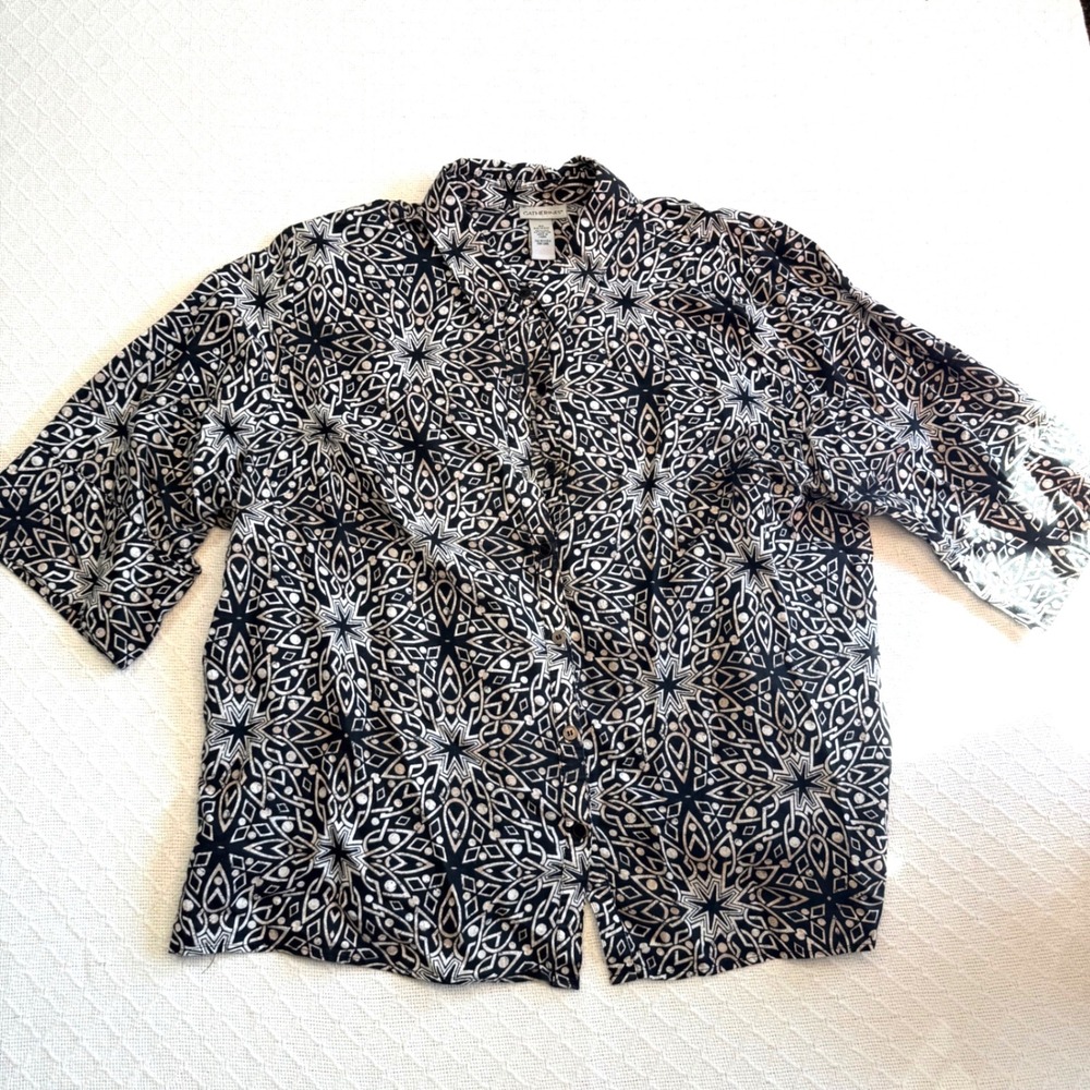 VTG Catherines Black White Geometric Star Print Linen Blend Button Down Shirt 2X